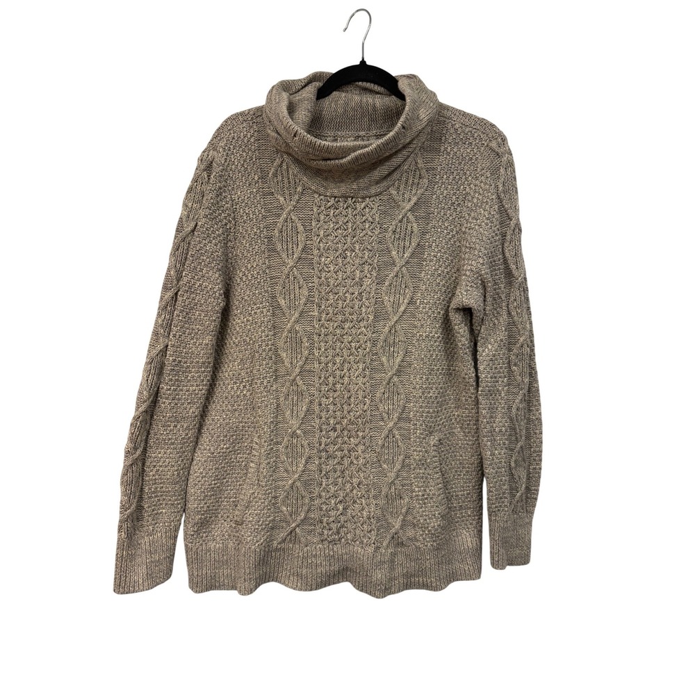 LL Bean Signature Cowl Neck Sweater Medium Womens Grey Cable Knit Fisherman